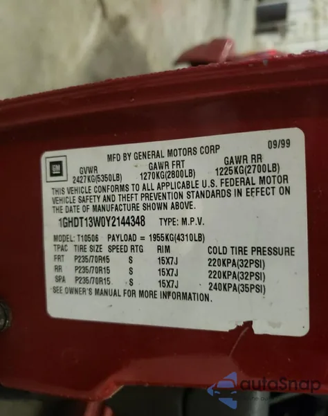 2000 Oldsmobile Bravada из США, поврежденный, VIN 1GHDT13W0Y2144348